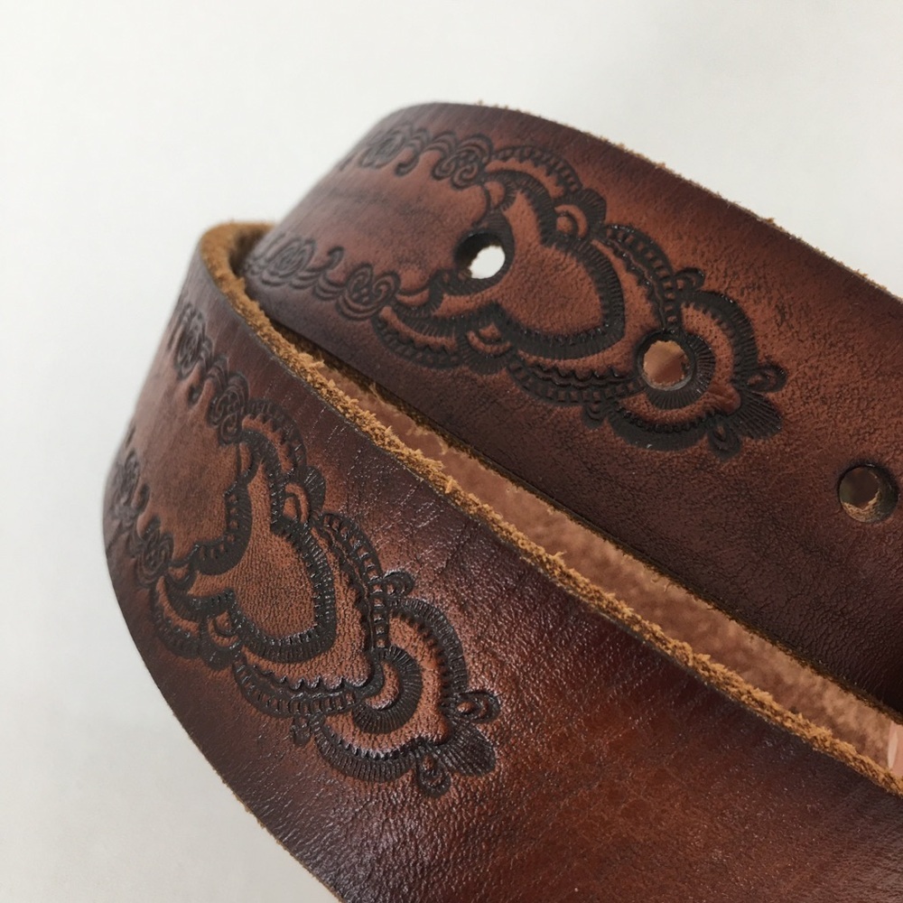 Leather Island by Bill Lavin Brown Tooled Leather Western Belt Women’s Size 30 - Picture 2 of 10